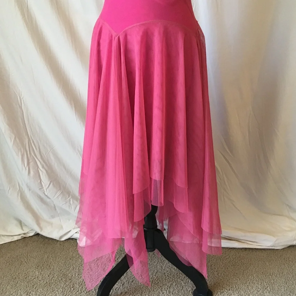 Vintage "Fairy" Asymmetrical Hem Pink Chiffon One Shoulder Midi Dress, XS - Picture 4 of 13